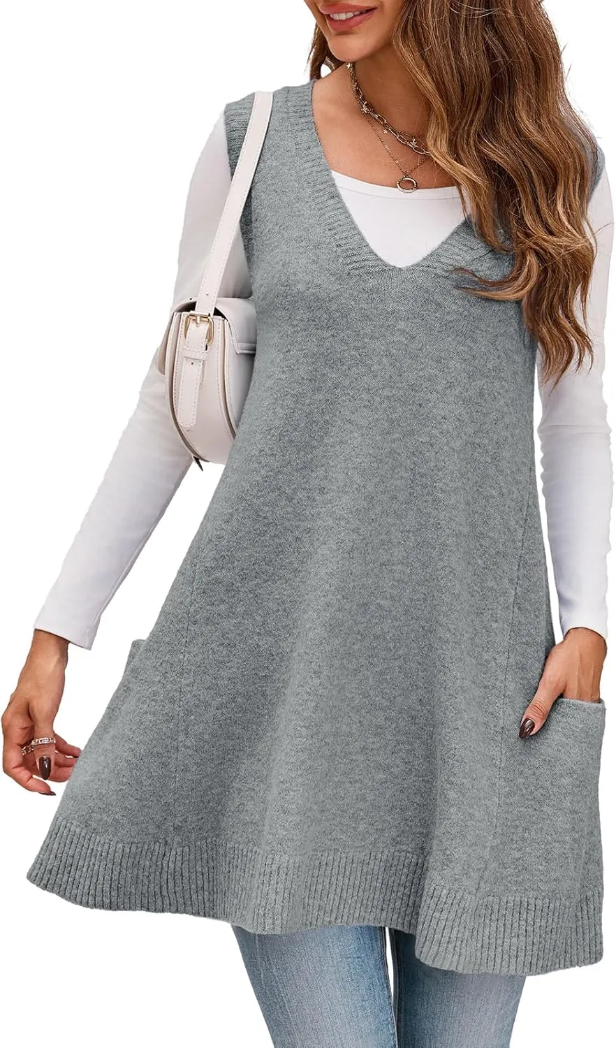 Saodimallsu Womens Sleeveless Sweater Vest V Neck Loose Knit Casual A Line Flattering Tunic Top with Pockets