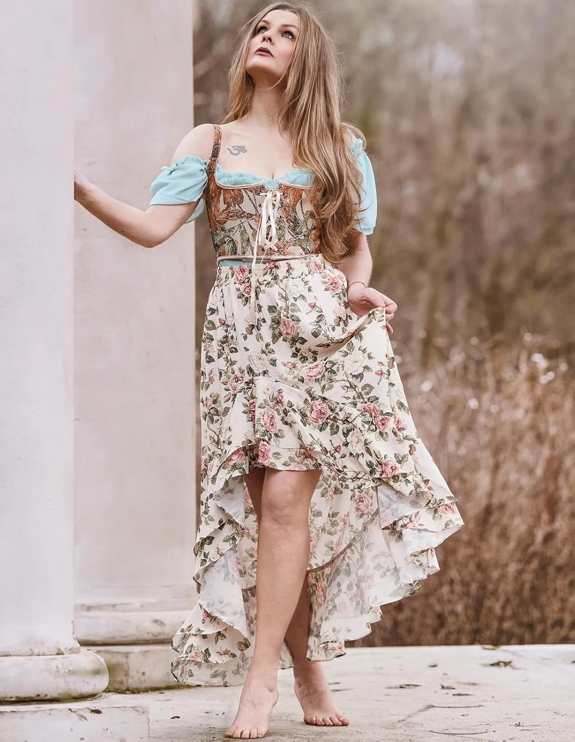 Scarlet Darkness Women's Renaissance Skirt Floral Print High Waist Ruffle Boho Maxi Skirts