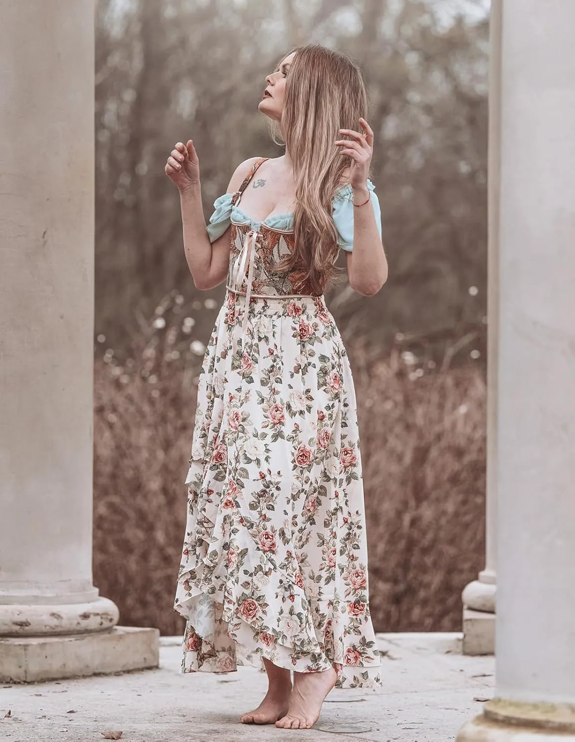 Scarlet Darkness Women's Renaissance Skirt Floral Print High Waist Ruffle Boho Maxi Skirts