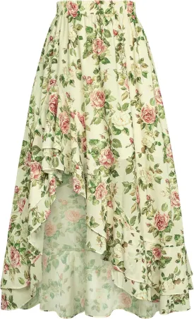 Scarlet Darkness Women's Renaissance Skirt Floral Print High Waist Ruffle Boho Maxi Skirts