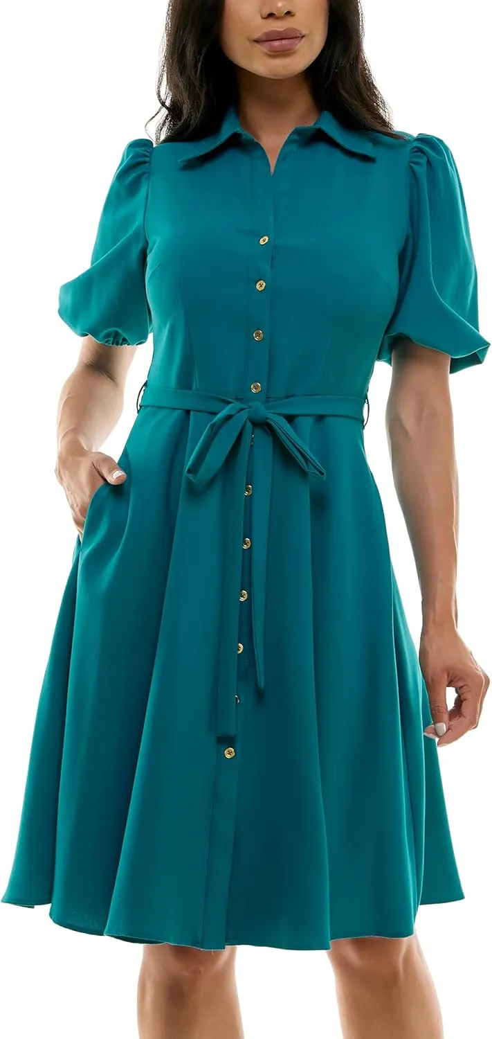 Sharagano Women's Sharkskin Button to Hem Shirtdress with a Blouson Sleeve, Pockets and Self Tie Belt