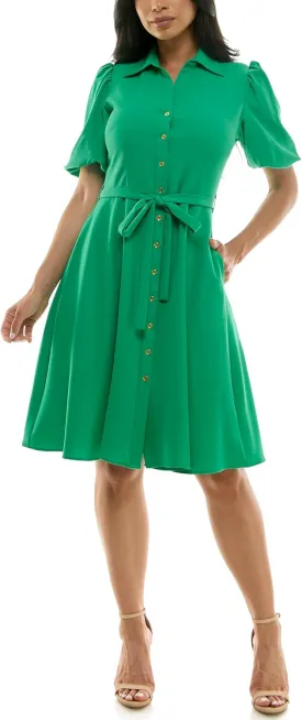 Sharagano Women's Sharkskin Button to Hem Shirtdress with a Blouson Sleeve, Pockets and Self Tie Belt
