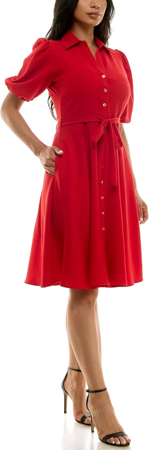 Sharagano Women's Sharkskin Button to Hem Shirtdress with a Blouson Sleeve, Pockets and Self Tie Belt