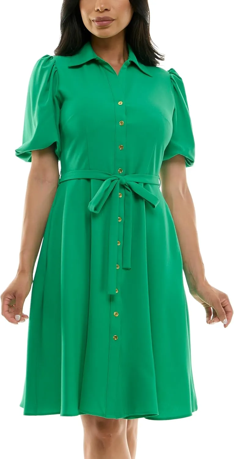 Sharagano Women's Sharkskin Button to Hem Shirtdress with a Blouson Sleeve, Pockets and Self Tie Belt