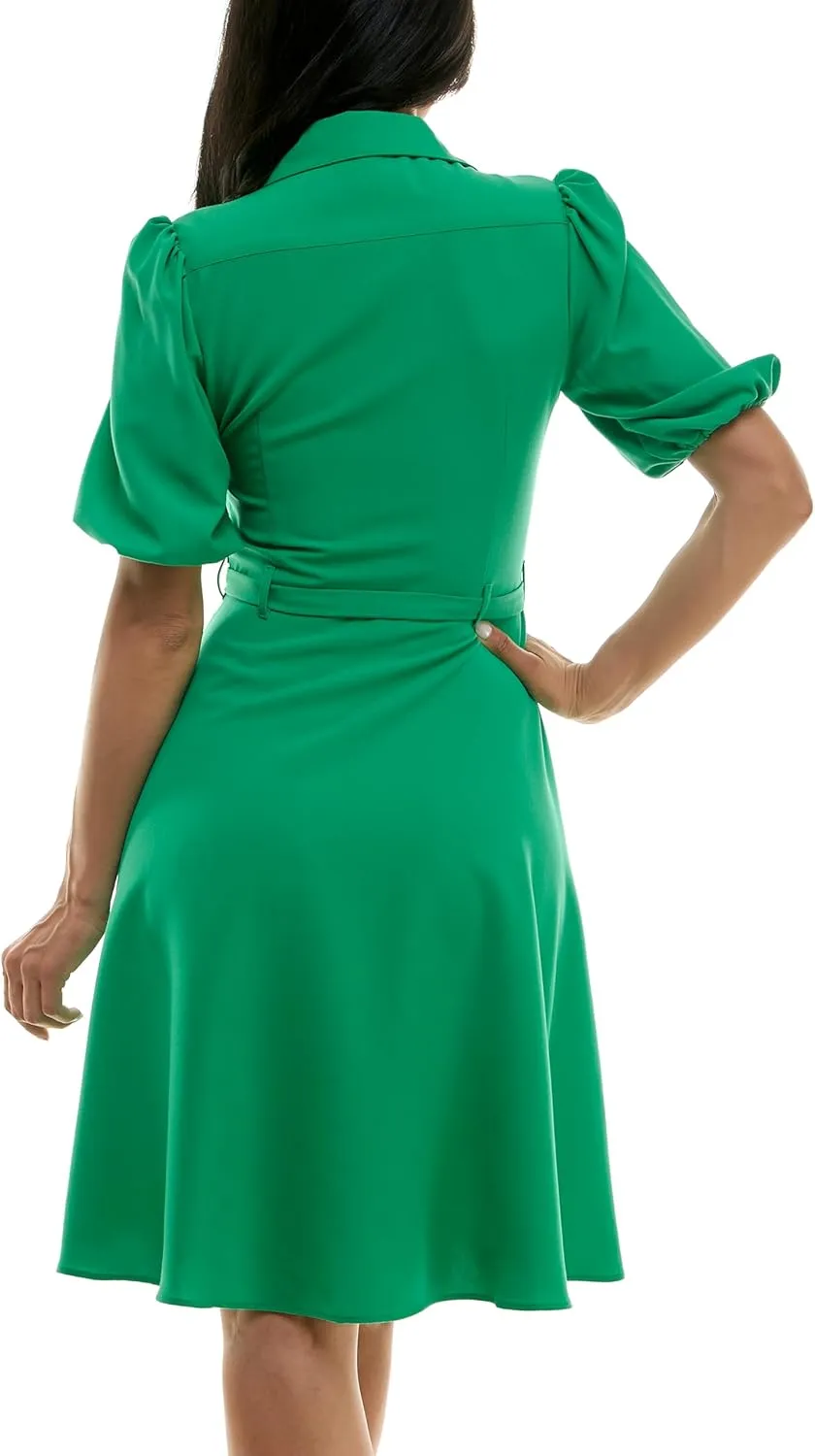 Sharagano Women's Sharkskin Button to Hem Shirtdress with a Blouson Sleeve, Pockets and Self Tie Belt