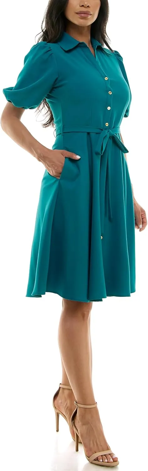 Sharagano Women's Sharkskin Button to Hem Shirtdress with a Blouson Sleeve, Pockets and Self Tie Belt