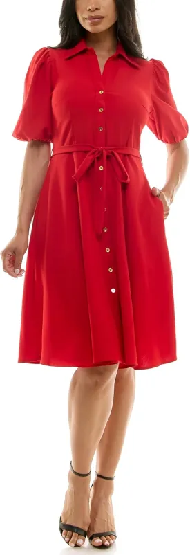 Sharagano Women's Sharkskin Button to Hem Shirtdress with a Blouson Sleeve, Pockets and Self Tie Belt