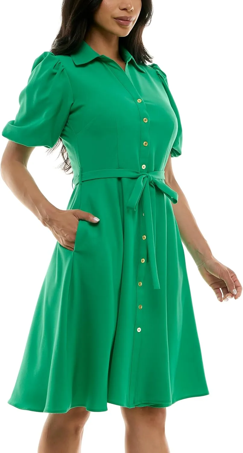Sharagano Women's Sharkskin Button to Hem Shirtdress with a Blouson Sleeve, Pockets and Self Tie Belt