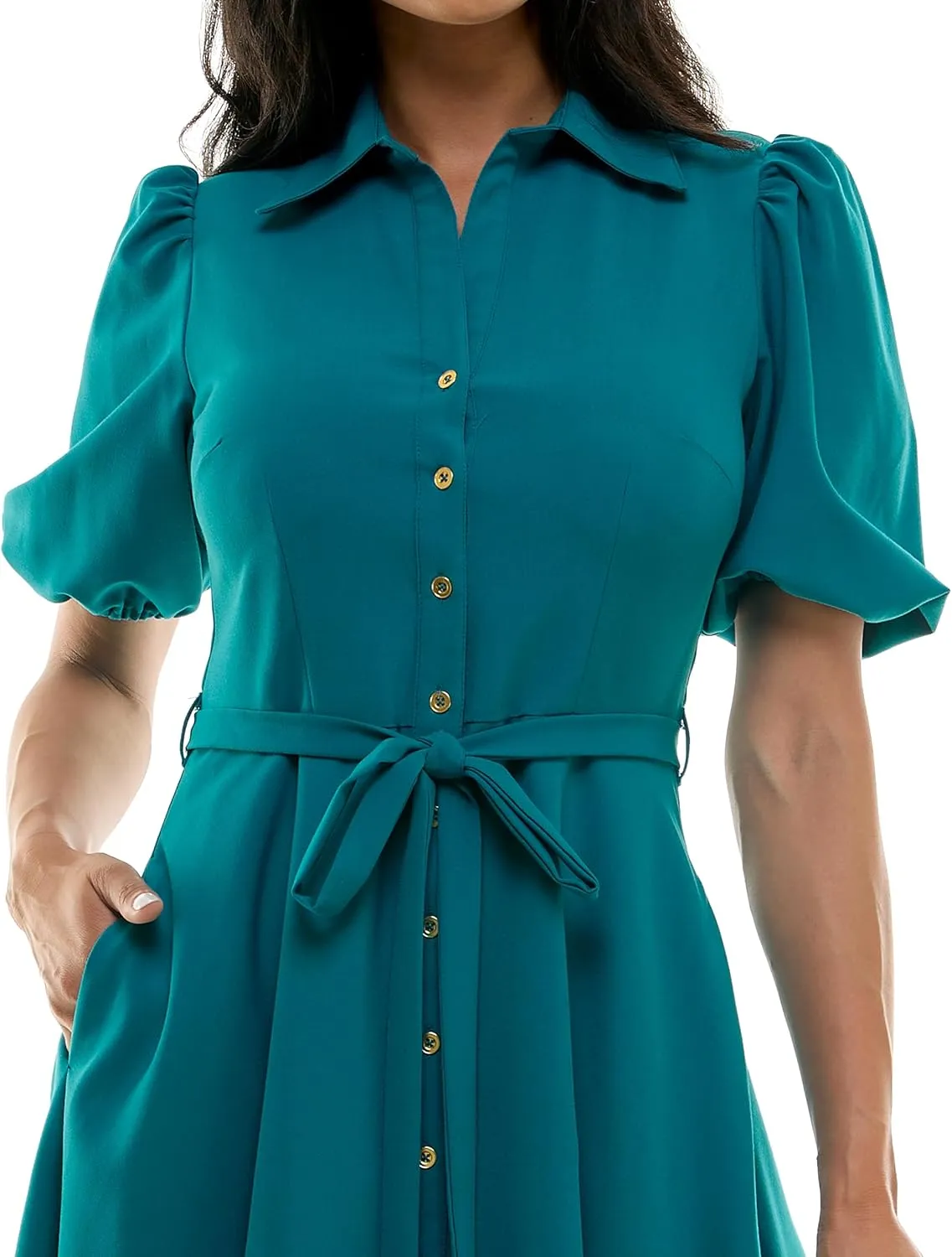 Sharagano Women's Sharkskin Button to Hem Shirtdress with a Blouson Sleeve, Pockets and Self Tie Belt