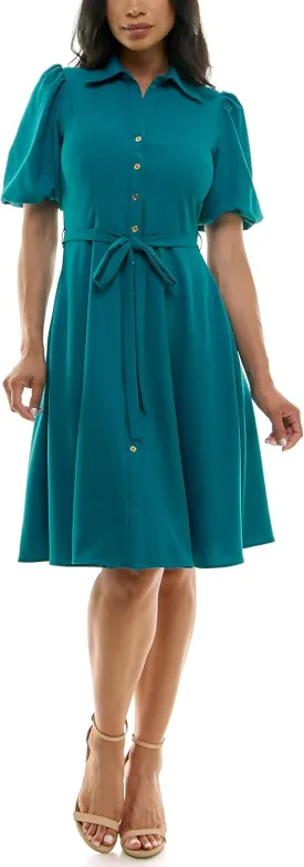 Sharagano Women's Sharkskin Button to Hem Shirtdress with a Blouson Sleeve, Pockets and Self Tie Belt
