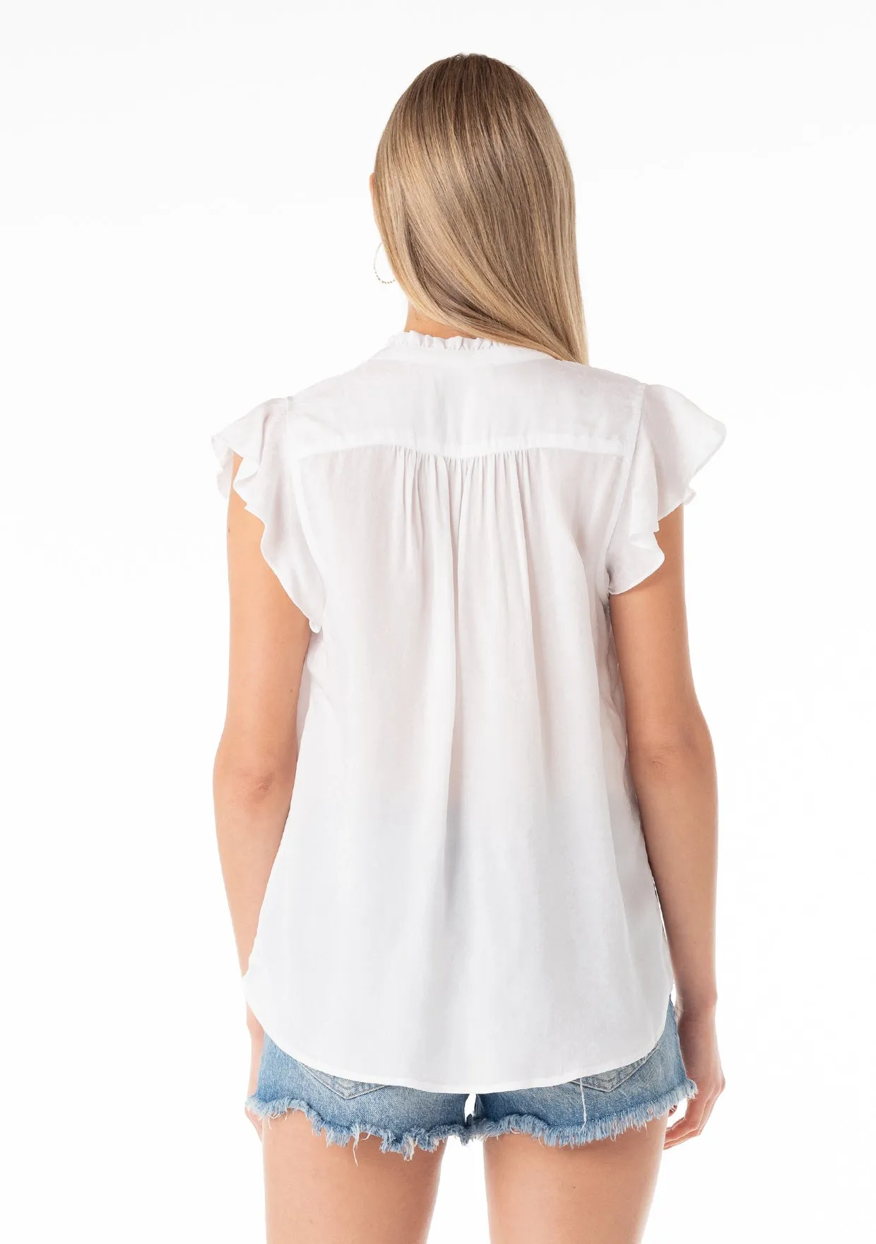 Silky Flutter Cap Sleeve Button Down Blouse