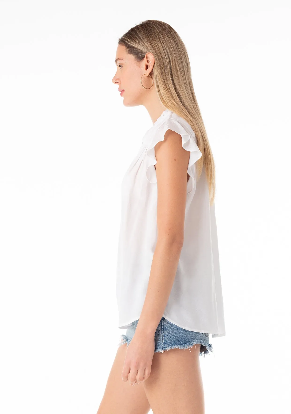 Silky Flutter Cap Sleeve Button Down Blouse