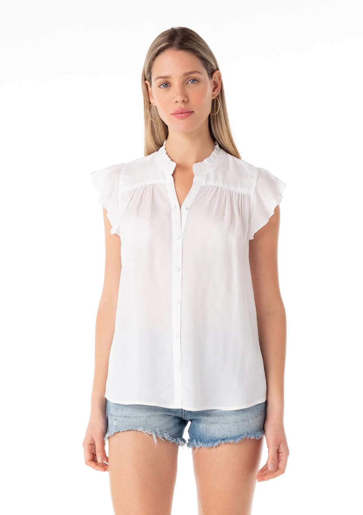 Silky Flutter Cap Sleeve Button Down Blouse