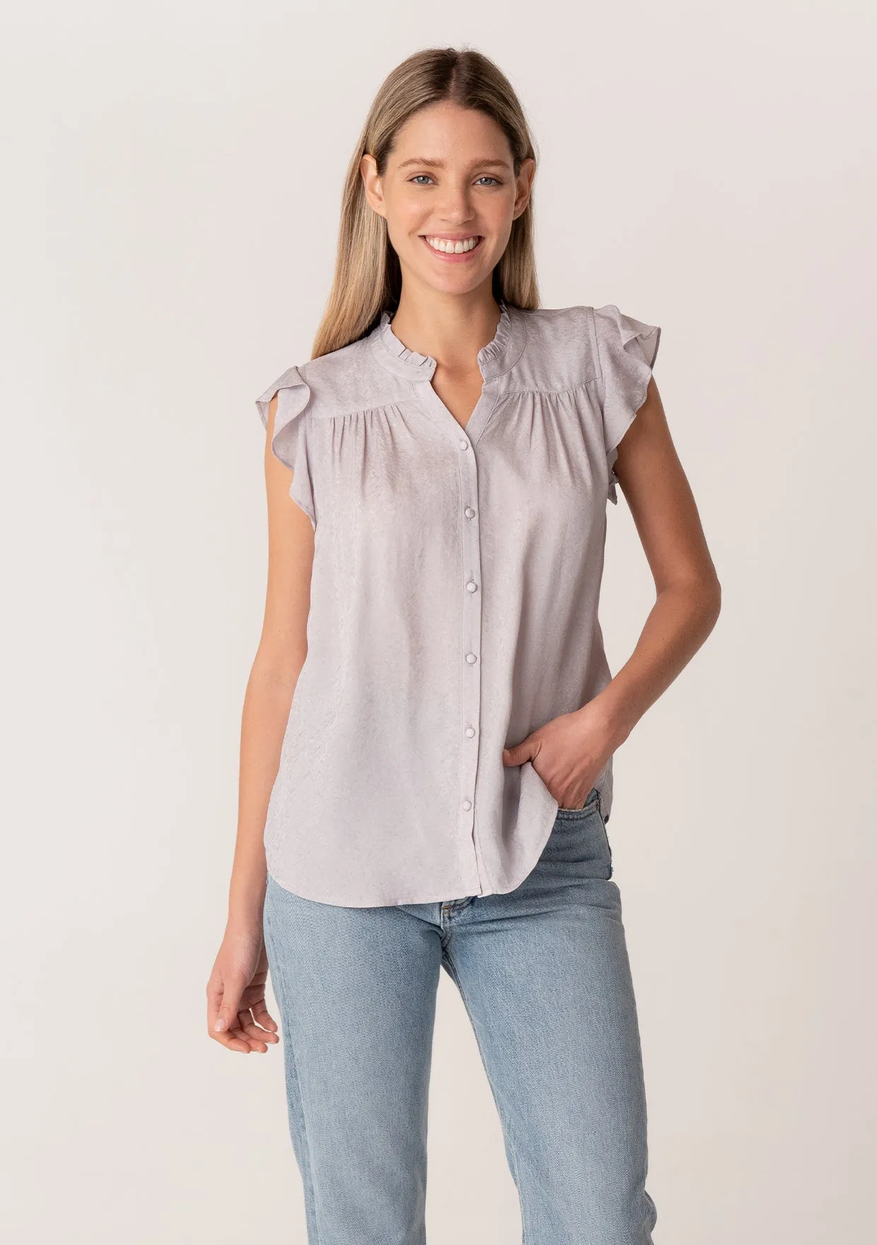Silky Flutter Cap Sleeve Button Down Blouse