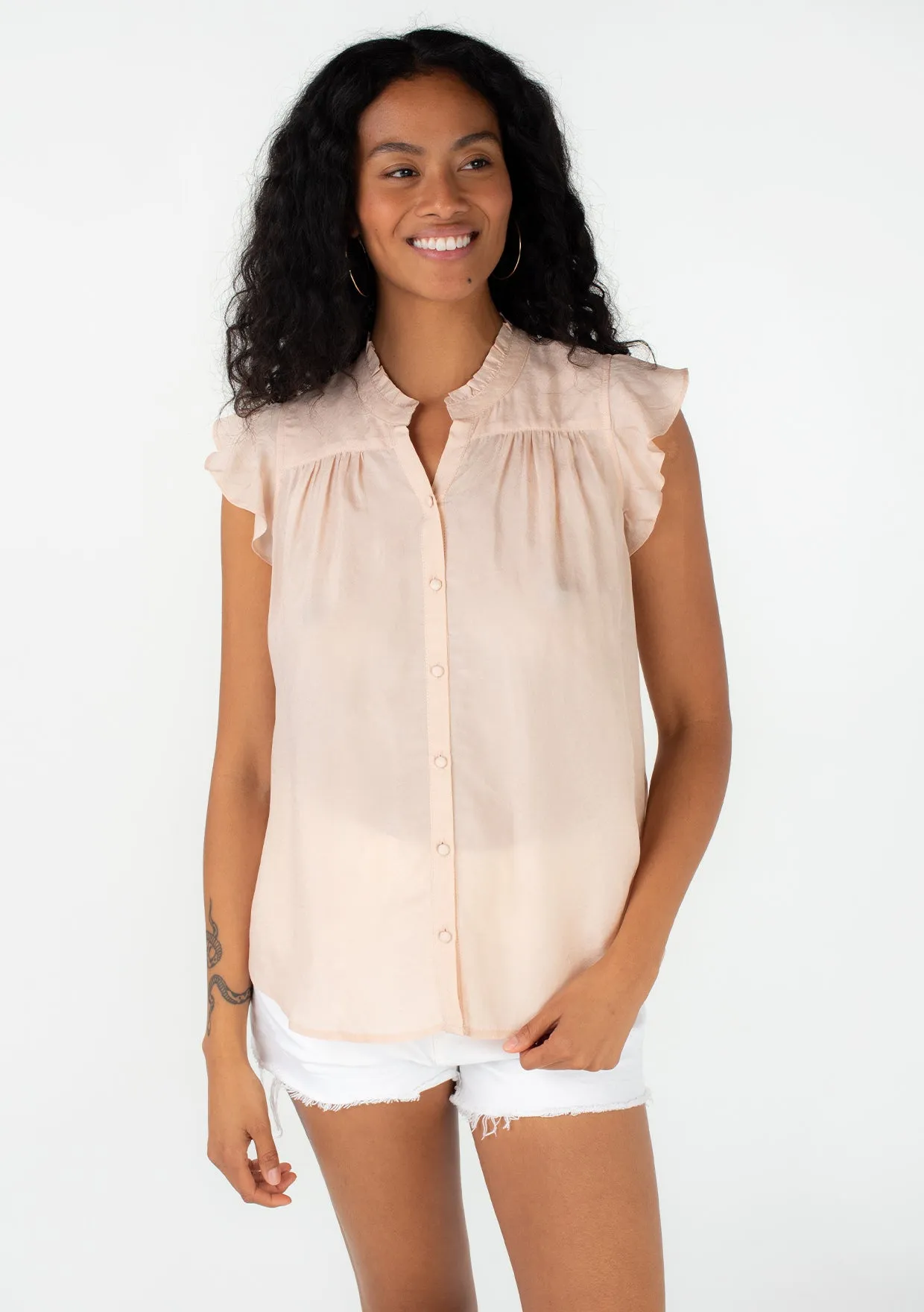 Silky Flutter Cap Sleeve Button Down Blouse