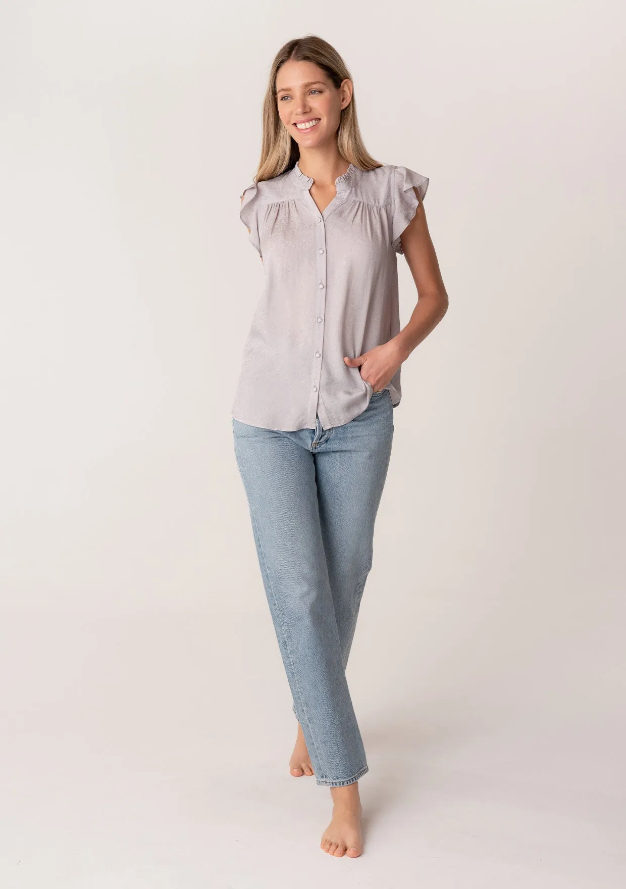 Silky Flutter Cap Sleeve Button Down Blouse