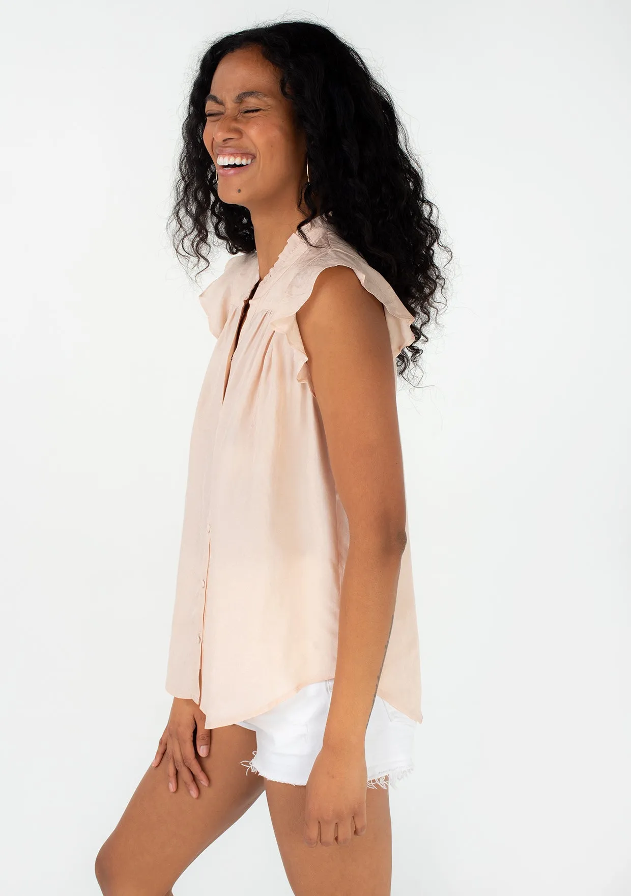 Silky Flutter Cap Sleeve Button Down Blouse