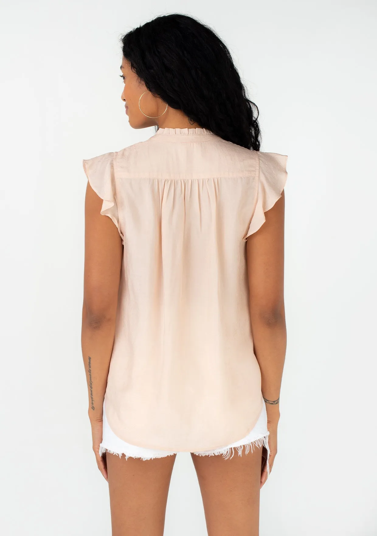 Silky Flutter Cap Sleeve Button Down Blouse