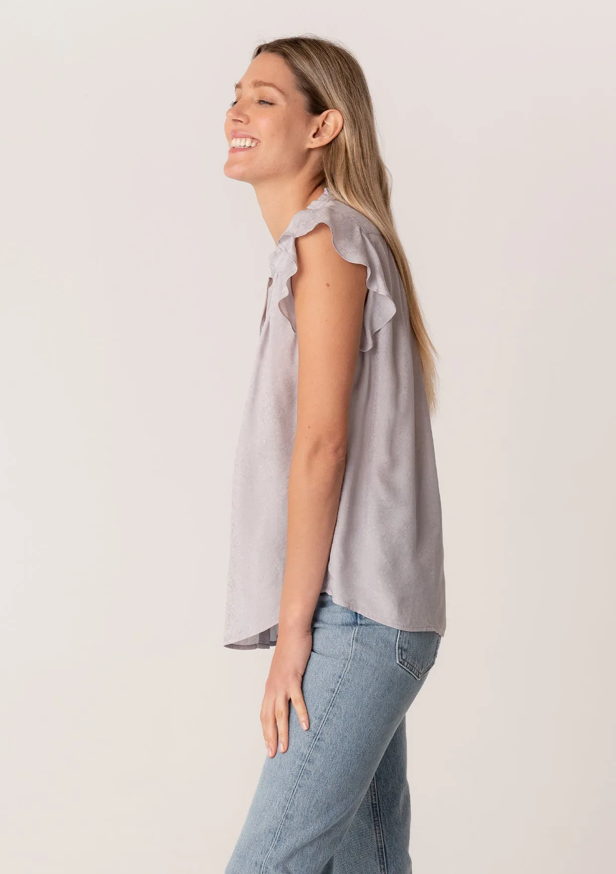 Silky Flutter Cap Sleeve Button Down Blouse