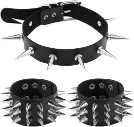 Soft Faux Leather Choker Collar with Spiked,Punk Rock Necklace and Bracelets Emo Jewelry Set for Women Men Cosplay