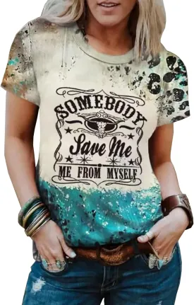 Somebody Save Me Steer Skull Bleached T-Shirt Women Vintage Country Music Graphic Tees Leopard Print Casual T Shirt