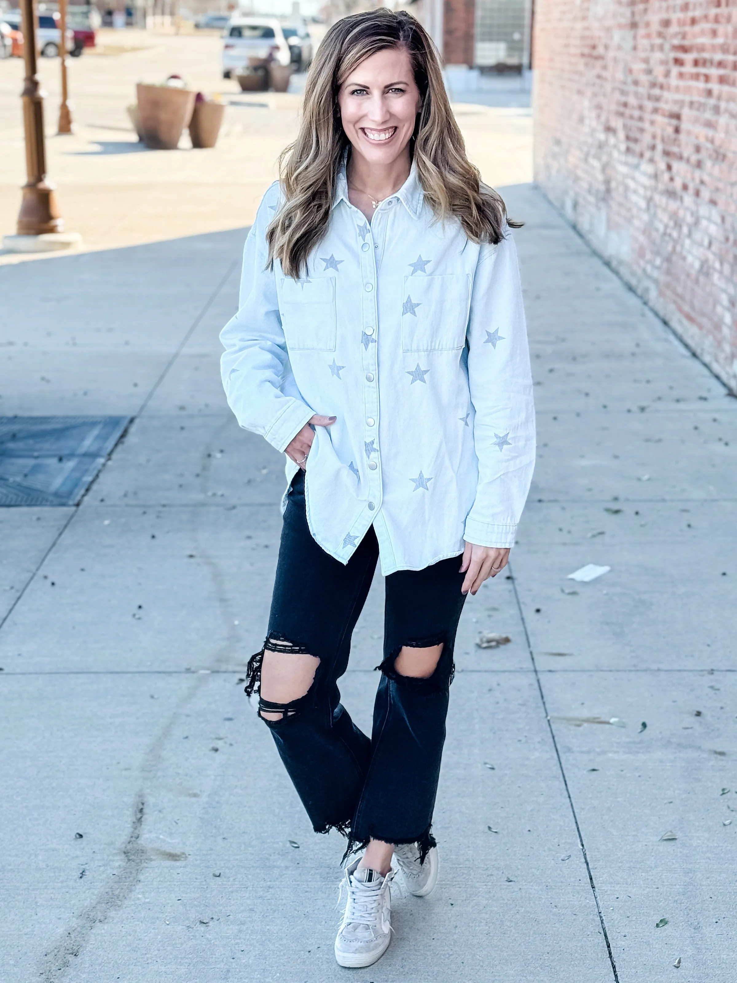 Star Print Oversized Button Down Top