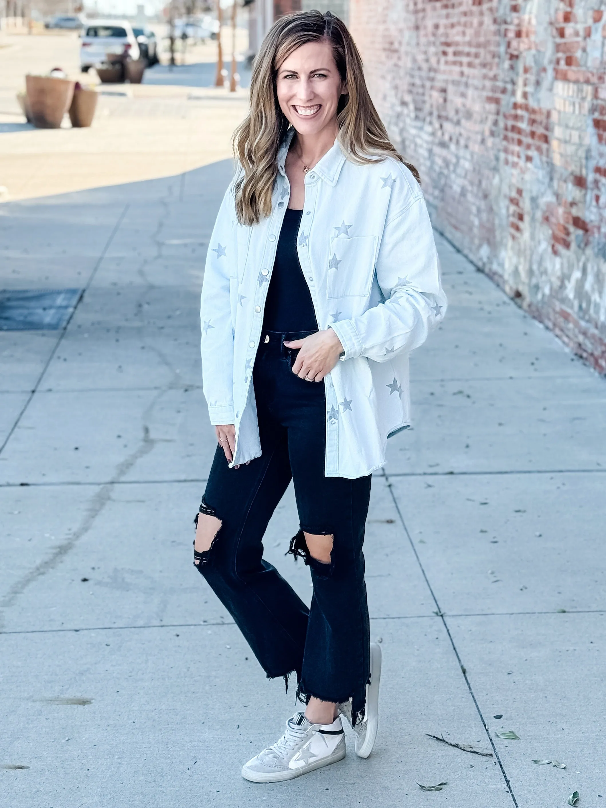Star Print Oversized Button Down Top