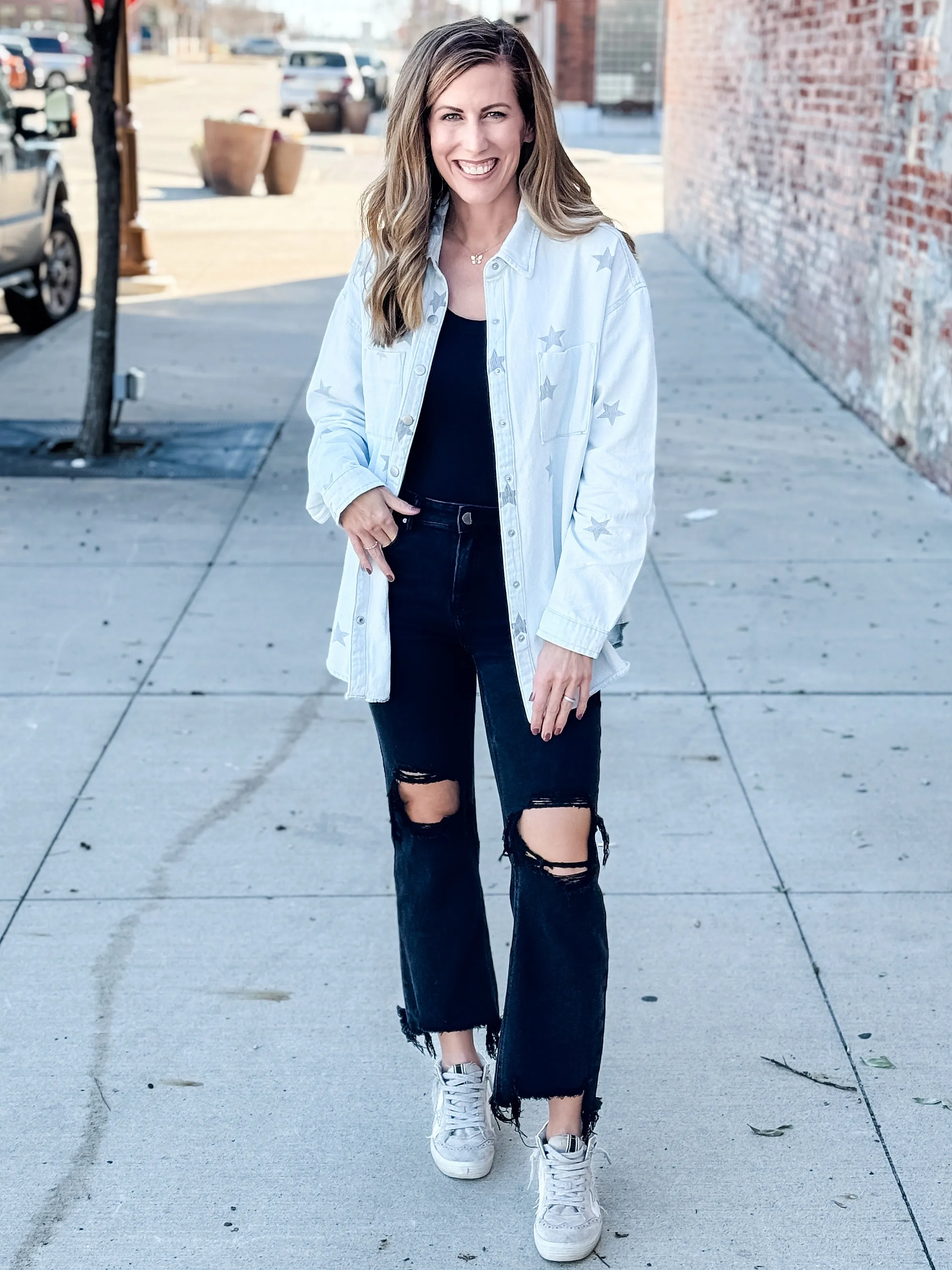 Star Print Oversized Button Down Top