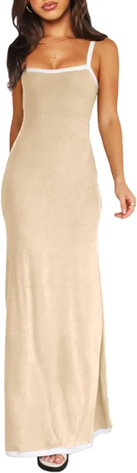 Summer Knit Maxi Dress Sleeveless Contrasting Edges Elasticated Straps Long A-Line Bodycon Slim Dress