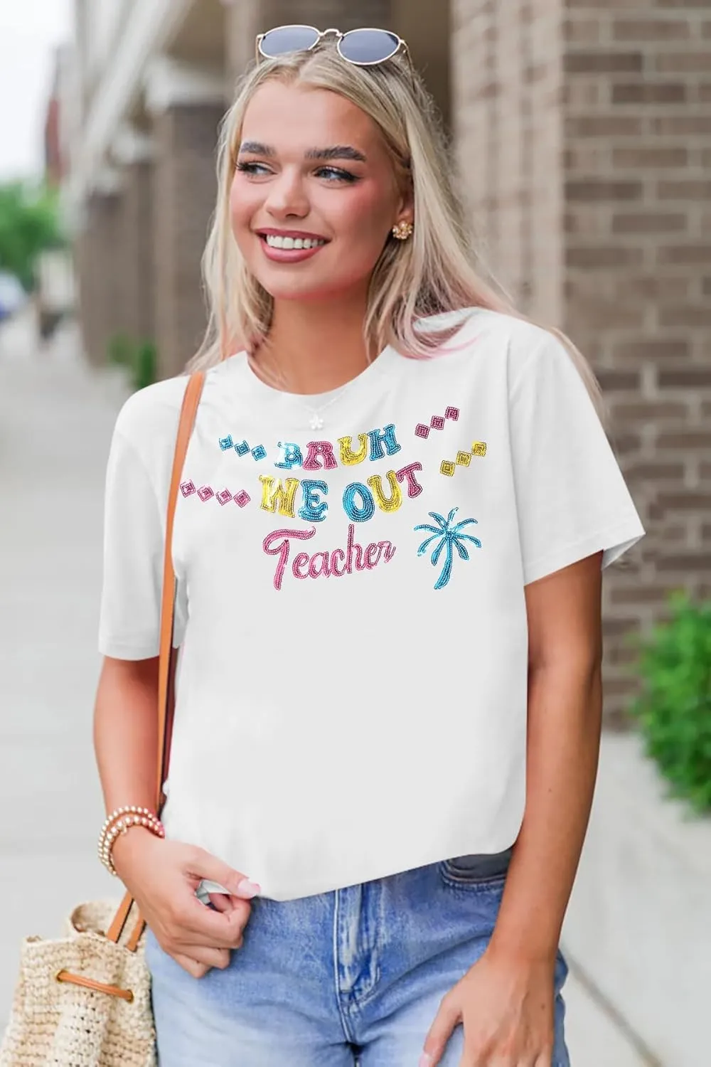 Teacher Shirts Happy Last Day of School T-Shirt Sequin Bruh We Out Teachers Shirt Schools Out Summer Tops