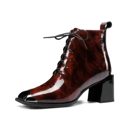 TinaCus Women's Handmade Patent Leather Classic Square Toe Mid Block Heel Side Zip Lace Up Stylish Ankle Boots