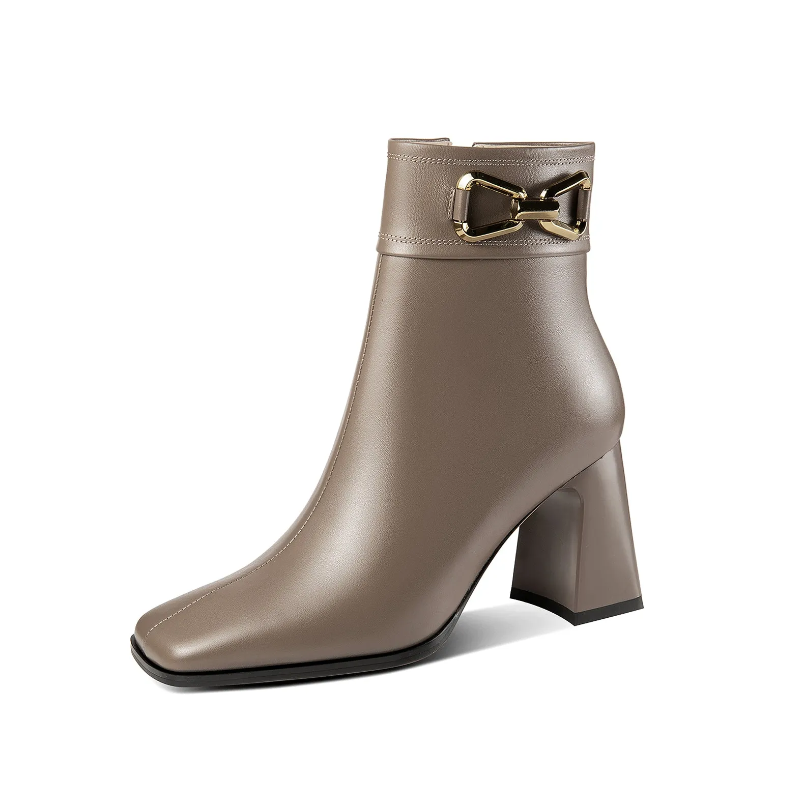 TinaCus Women's Square Toe Genuine Leather Handmade Matal Buckle High Chunky Heel Side Zip Up Chic Ankle Boots