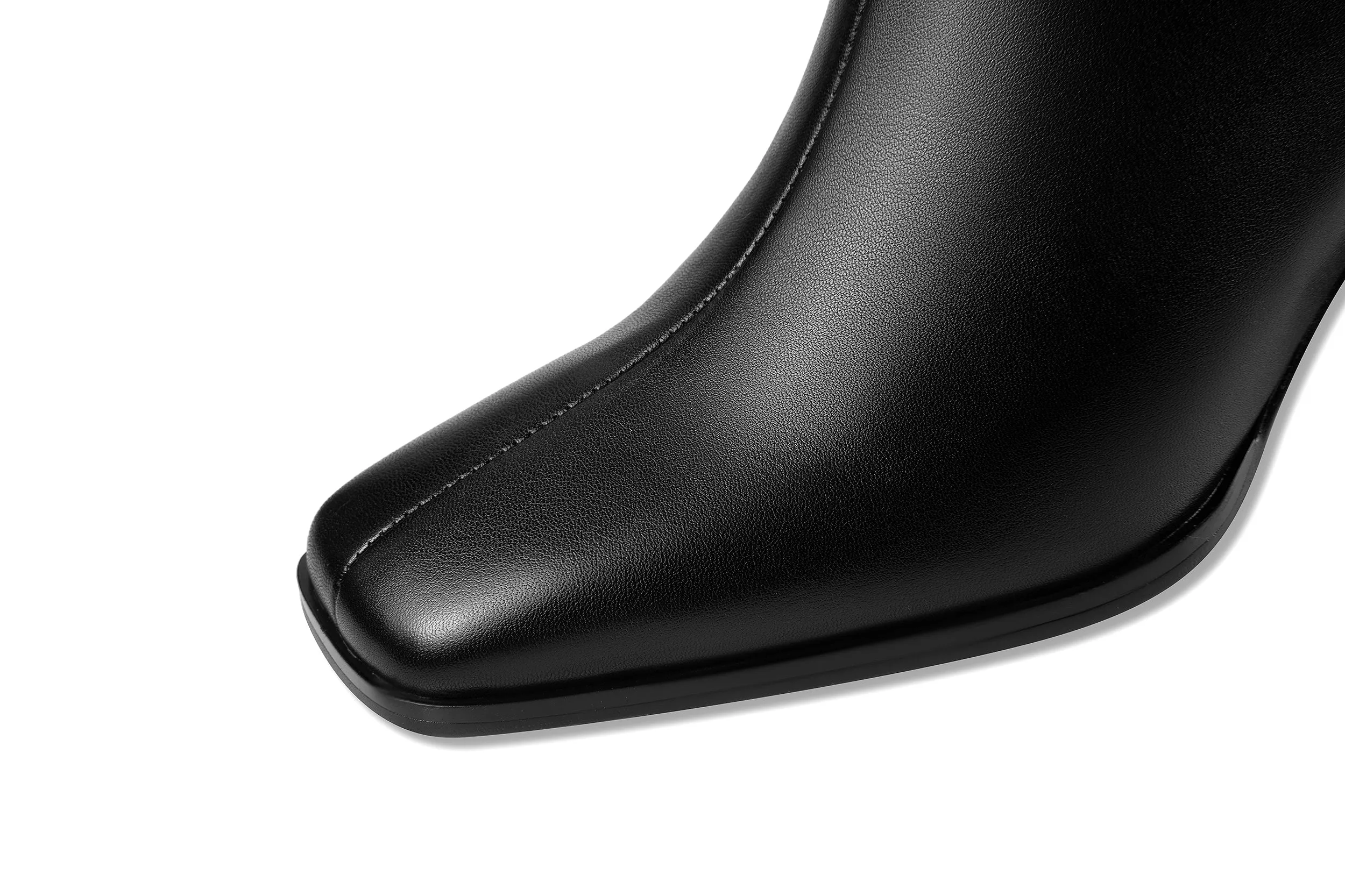 TinaCus Women's Square Toe Genuine Leather Handmade Matal Buckle High Chunky Heel Side Zip Up Chic Ankle Boots