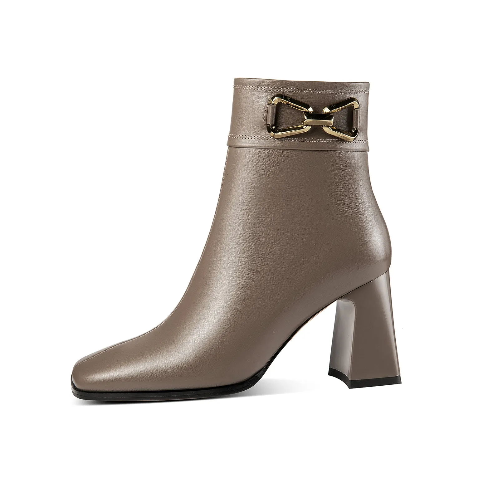 TinaCus Women's Square Toe Genuine Leather Handmade Matal Buckle High Chunky Heel Side Zip Up Chic Ankle Boots