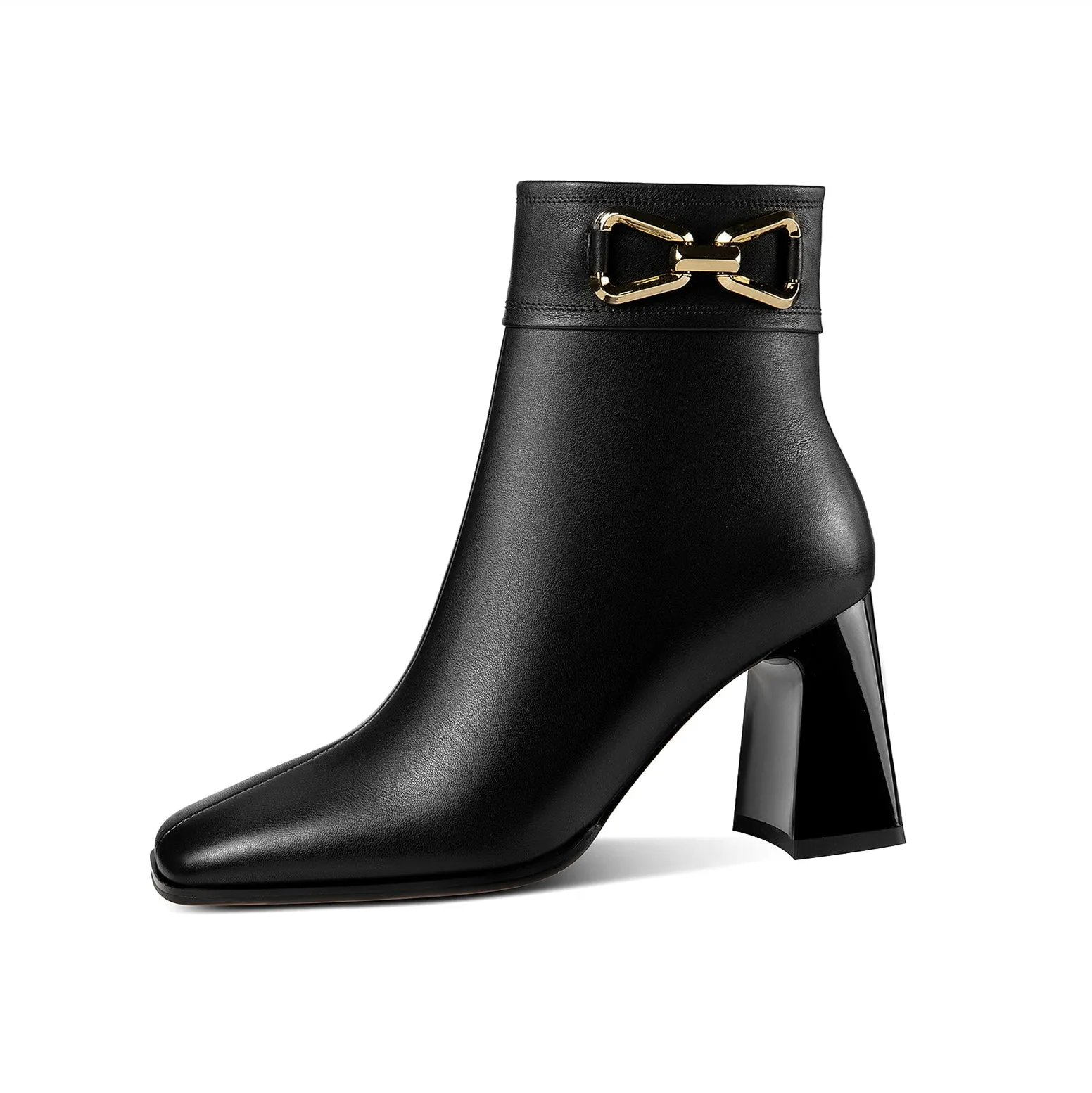 TinaCus Women's Square Toe Genuine Leather Handmade Matal Buckle High Chunky Heel Side Zip Up Chic Ankle Boots