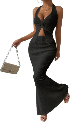Two Piece Skirt Outfits for Women Twist Halter Crop Top and Maxi Skirt Sets 2 Piece Summer Vacation Set