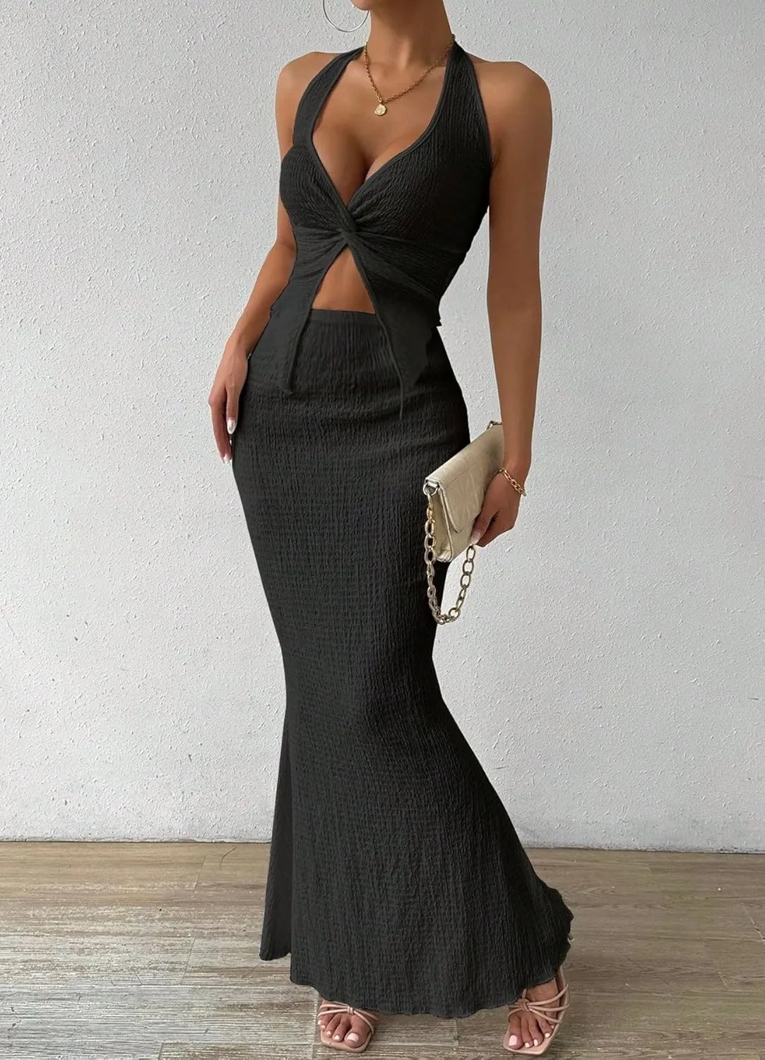 Two Piece Skirt Outfits for Women Twist Halter Crop Top and Maxi Skirt Sets 2 Piece Summer Vacation Set