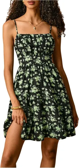 Verdusa Women's Floral Print Ruched Sleeveless Ruffle Hem A Line Swing Cami Dress