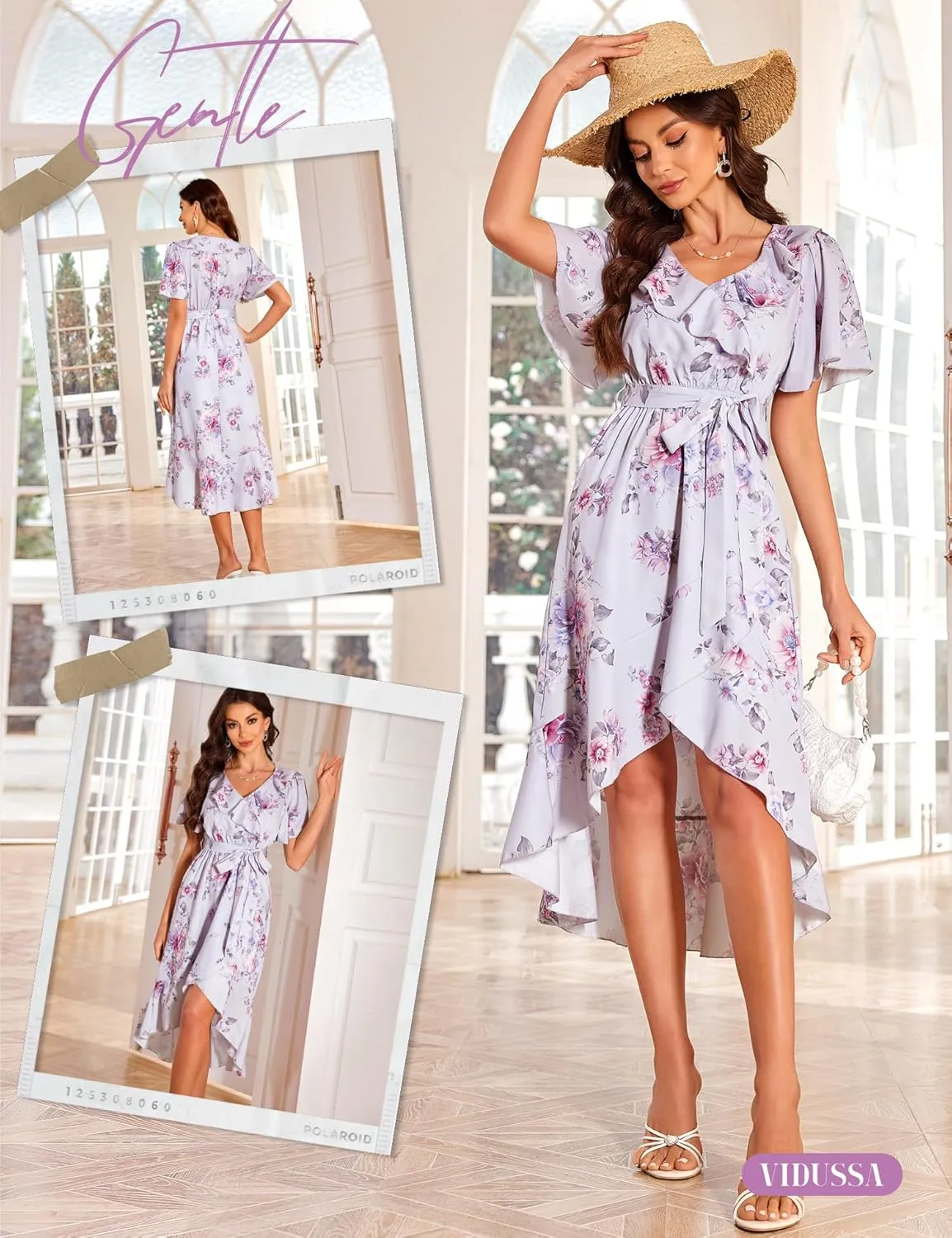VIDUSSA Summer Floral Dress for Women - Boho V Neck Flutter Short Sleeve Belted Ruffle A-Line Flowy Midi Long Sun Dresses