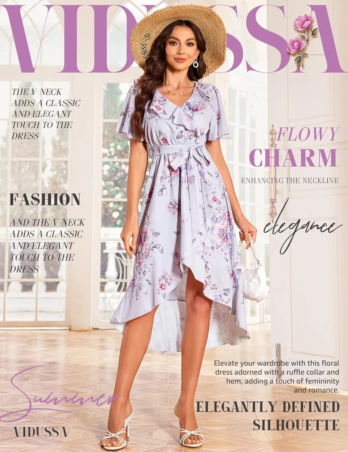 VIDUSSA Summer Floral Dress for Women - Boho V Neck Flutter Short Sleeve Belted Ruffle A-Line Flowy Midi Long Sun Dresses