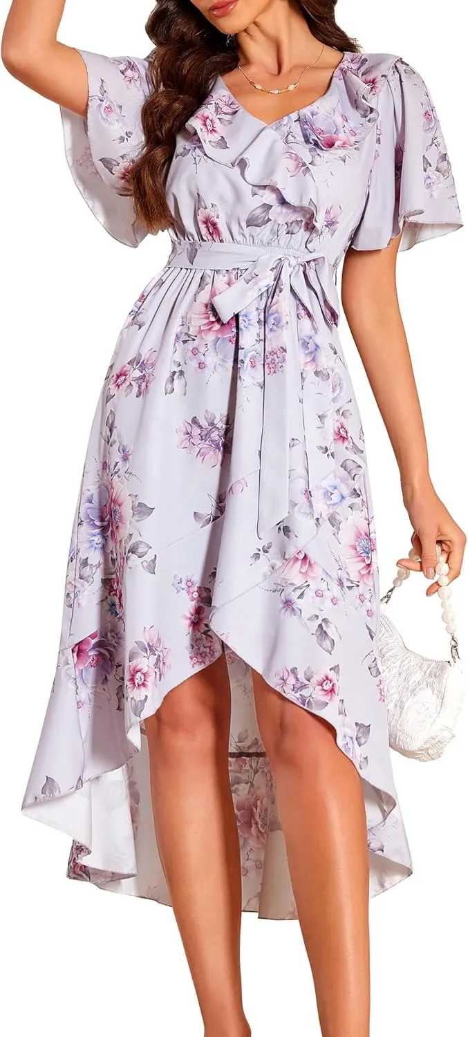 VIDUSSA Summer Floral Dress for Women - Boho V Neck Flutter Short Sleeve Belted Ruffle A-Line Flowy Midi Long Sun Dresses