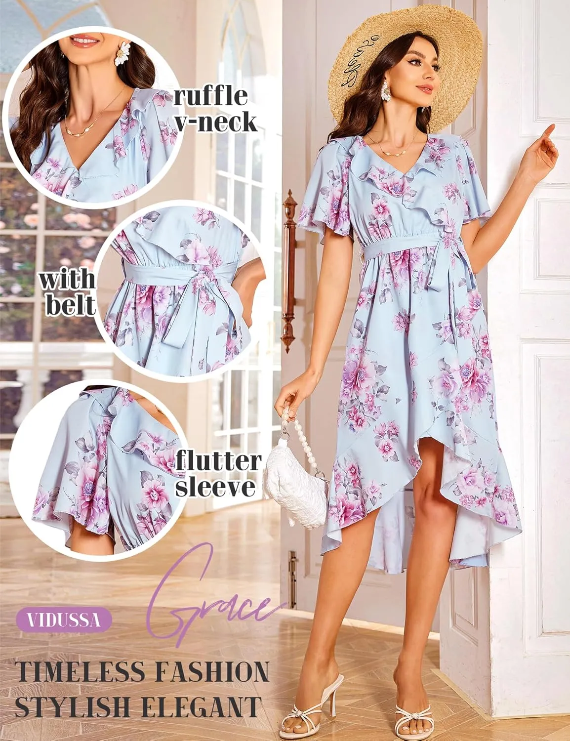 VIDUSSA Summer Floral Dress for Women - Boho V Neck Flutter Short Sleeve Belted Ruffle A-Line Flowy Midi Long Sun Dresses