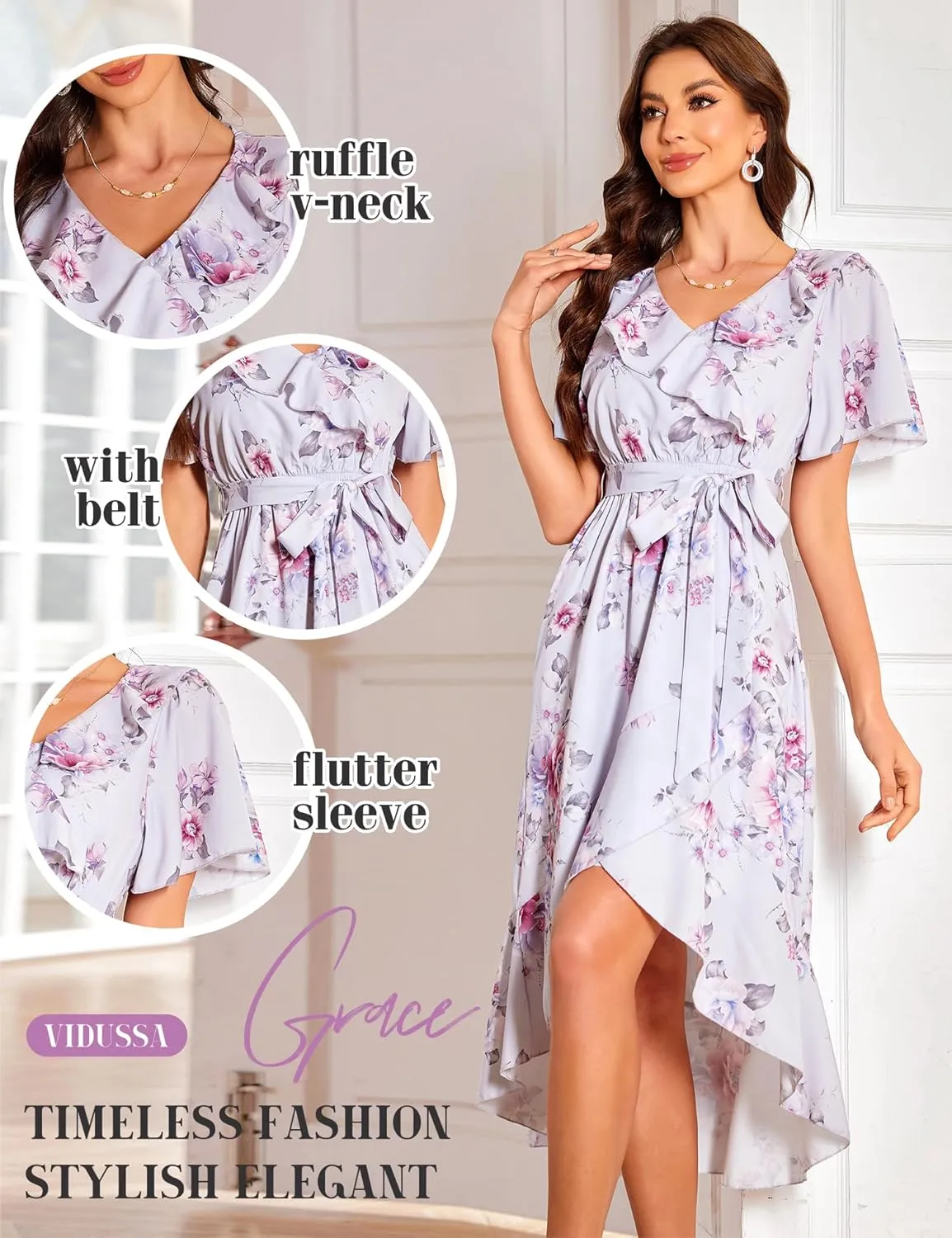 VIDUSSA Summer Floral Dress for Women - Boho V Neck Flutter Short Sleeve Belted Ruffle A-Line Flowy Midi Long Sun Dresses