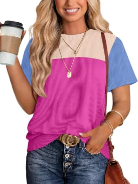 WIHOLL Womens Fashion 2025 Color Block Shirts Short Sleeve Crewneck Knitted Spring Summer Tops Casual Trendy