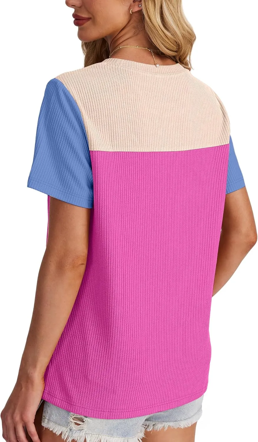 WIHOLL Womens Fashion 2025 Color Block Shirts Short Sleeve Crewneck Knitted Spring Summer Tops Casual Trendy