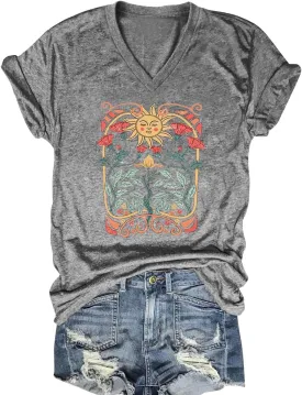 Women V Neck Sunflower Graphic Shirt Cute Dandelion Teen Girls Tee Tops Short Sleeve Cowgirls Casual T Shirts