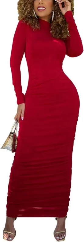 Women's Bodycon Maxi Long Dress Elegant Long Sleeve Stretchy Dresses Club Outfit