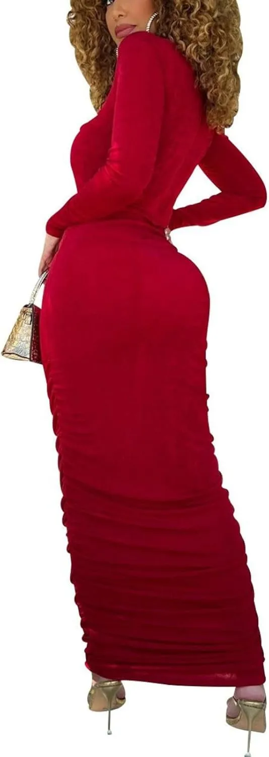Women's Bodycon Maxi Long Dress Elegant Long Sleeve Stretchy Dresses Club Outfit
