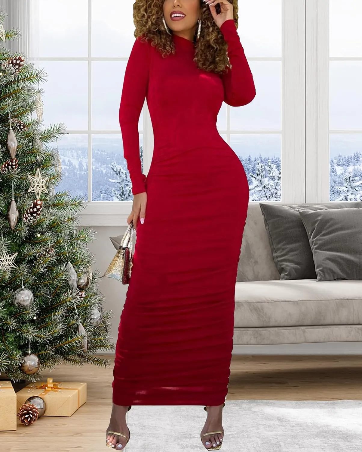 Women's Bodycon Maxi Long Dress Elegant Long Sleeve Stretchy Dresses Club Outfit