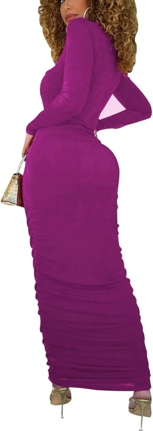 Women's Bodycon Maxi Long Dress Elegant Long Sleeve Stretchy Dresses Club Outfit